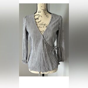 Old Navy Navy and White Striped V-Neck Blouse